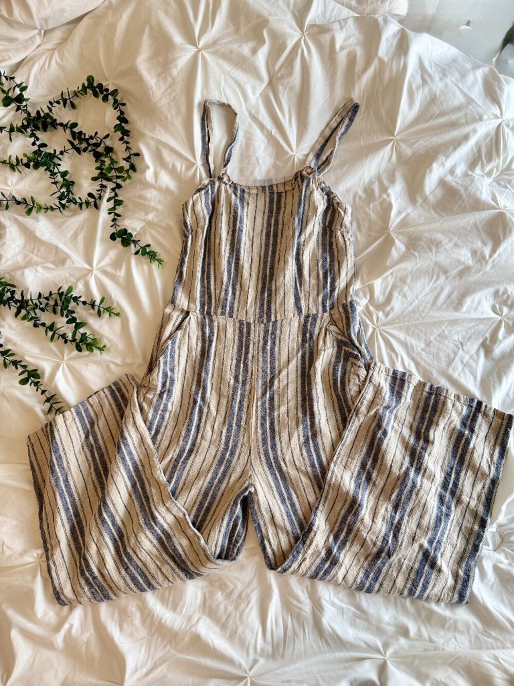 Gypsies & Moondust Linen Blend Striped Jumpsuit Size L – Beige & Blue